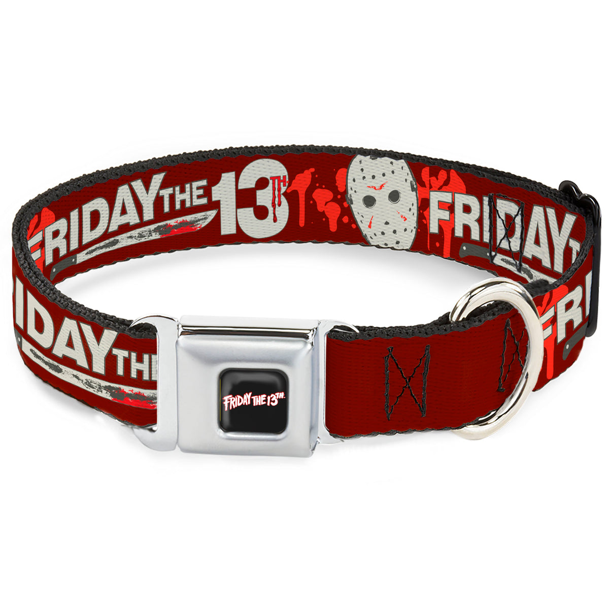 FRIDAY THE 13TH Title Logo Full Color Black/Red/White Seatbelt Buckle Collar - FRIDAY THE 13TH Mask and Machete Icons Red/Pink/White Dog Collars Seatbelt Buckle Friday the 13th