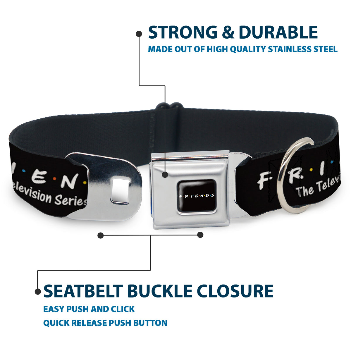 FRIENDS Logo Full Color Black/White/Multi Color Seatbelt Buckle Collar - FRIENDS-THE TELEVISION SERIES Logo Black/White/Multi Color Dog Collars Seatbelt Buckle Friends