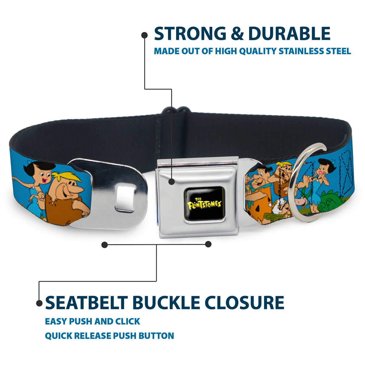 THE FLINTSTONES Logo Full Color Black Yellow Seatbelt Buckle Collar - The Flintstones and Rubbles Group Pose/Logo Blue Dog Collars Seatbelt Buckle The Flintstones