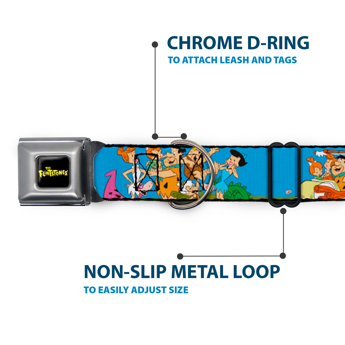 THE FLINTSTONES Logo Full Color Black Yellow Seatbelt Buckle Collar - The Flintstones and Rubbles Group Pose/Logo Blue Dog Collars Seatbelt Buckle The Flintstones