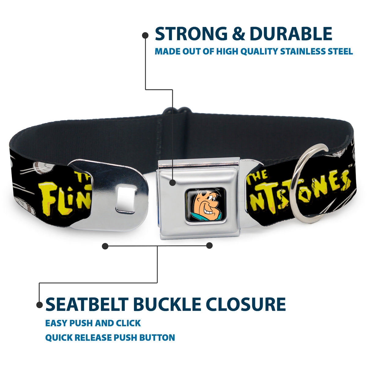 Fred Face Full Color Black Seatbelt Buckle Collar - Dog Collar FSE-Fred Face Full Color Black - THE FLINTSTONES Fred Bowling Poses/Bowling Pins Black Dog Collars Seatbelt Buckle The Flintstones