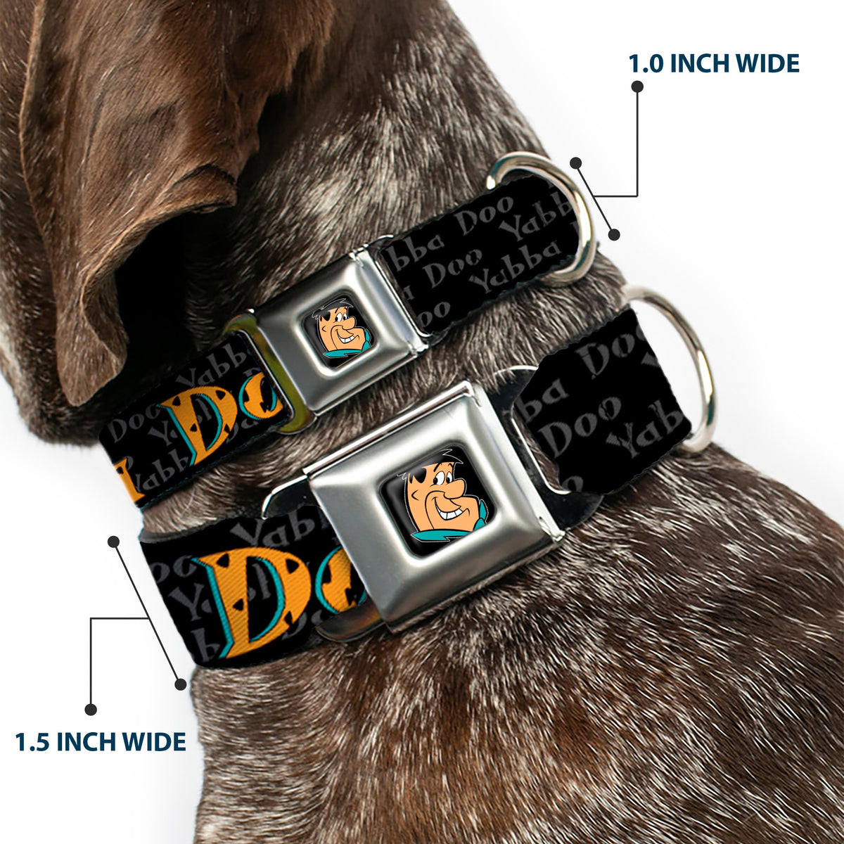 Fred Face Full Color Black Seatbelt Buckle Collar - Fred Face/Pose YABBA DABBA DOO Black/Gray/Orange Dog Collars Seatbelt Buckle The Flintstones