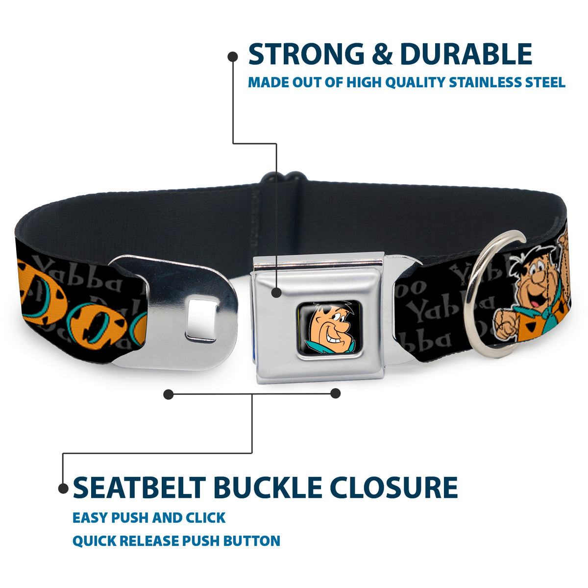 Fred Face Full Color Black Seatbelt Buckle Collar - Fred Face/Pose YABBA DABBA DOO Black/Gray/Orange Dog Collars Seatbelt Buckle The Flintstones