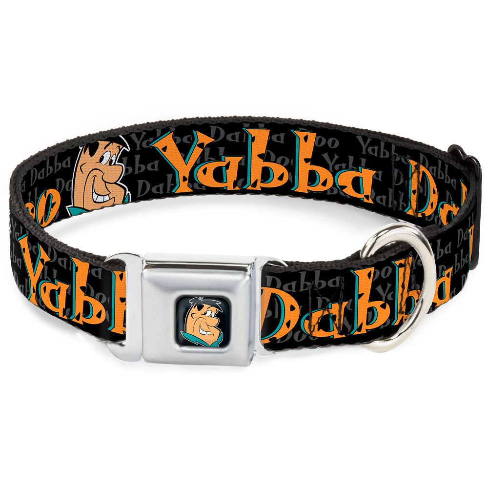 Fred Face Full Color Black Seatbelt Buckle Collar - Fred Face/Pose YABBA DABBA DOO Black/Gray/Orange Dog Collars Seatbelt Buckle The Flintstones