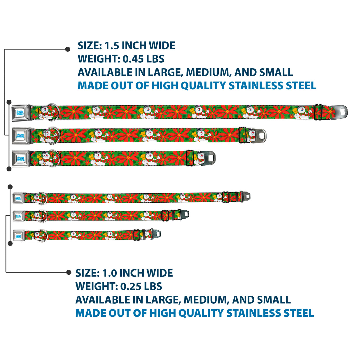 FROSTY THE SNOWMAN Logo Full Color White/Blues Seatbelt Buckle Collar - Frosty the Snowman Pose Poinsetta Plaid Collage Greens/Reds Dog Collars Seatbelt Buckle Frosty the Snowman