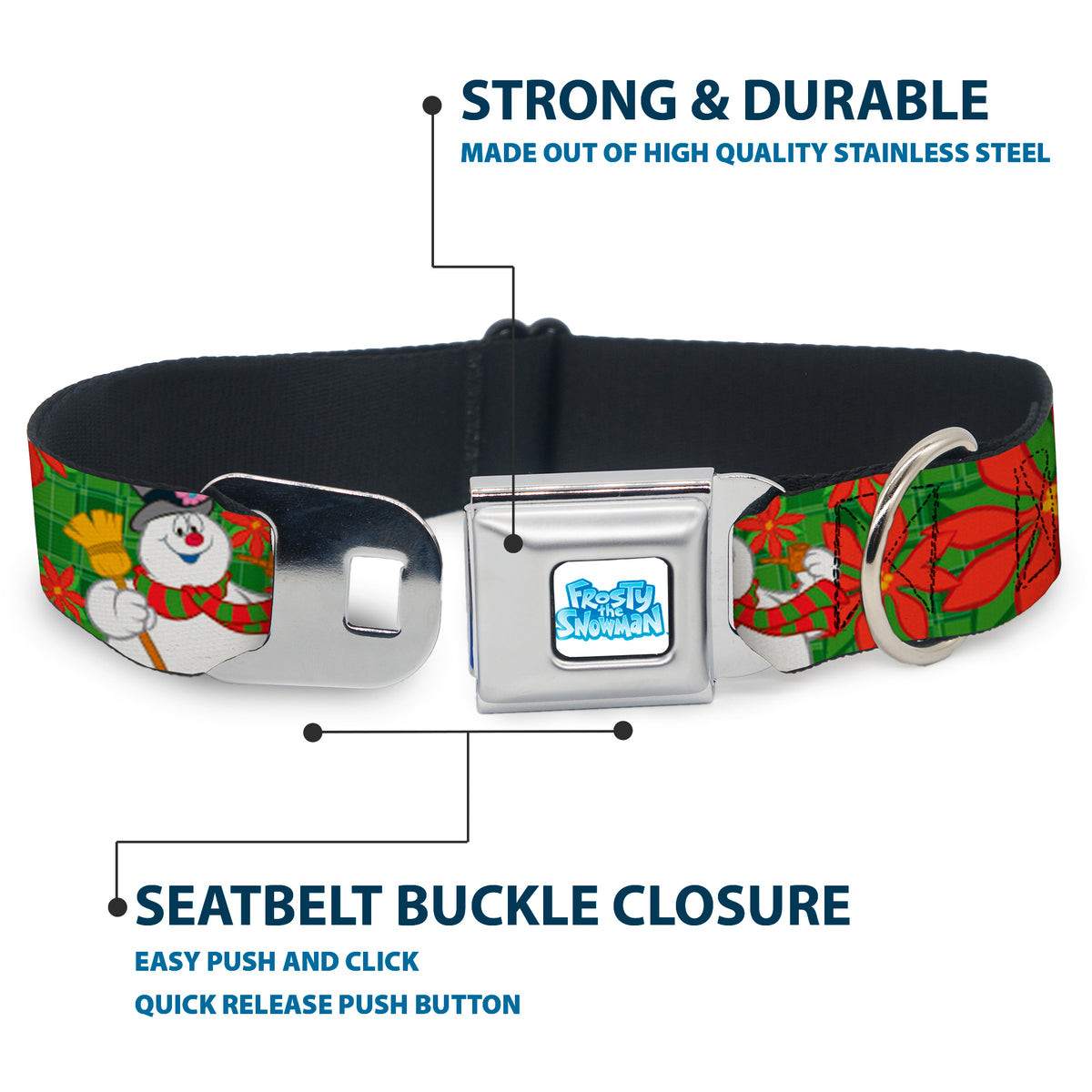 FROSTY THE SNOWMAN Logo Full Color White/Blues Seatbelt Buckle Collar - Frosty the Snowman Pose Poinsetta Plaid Collage Greens/Reds Dog Collars Seatbelt Buckle Frosty the Snowman