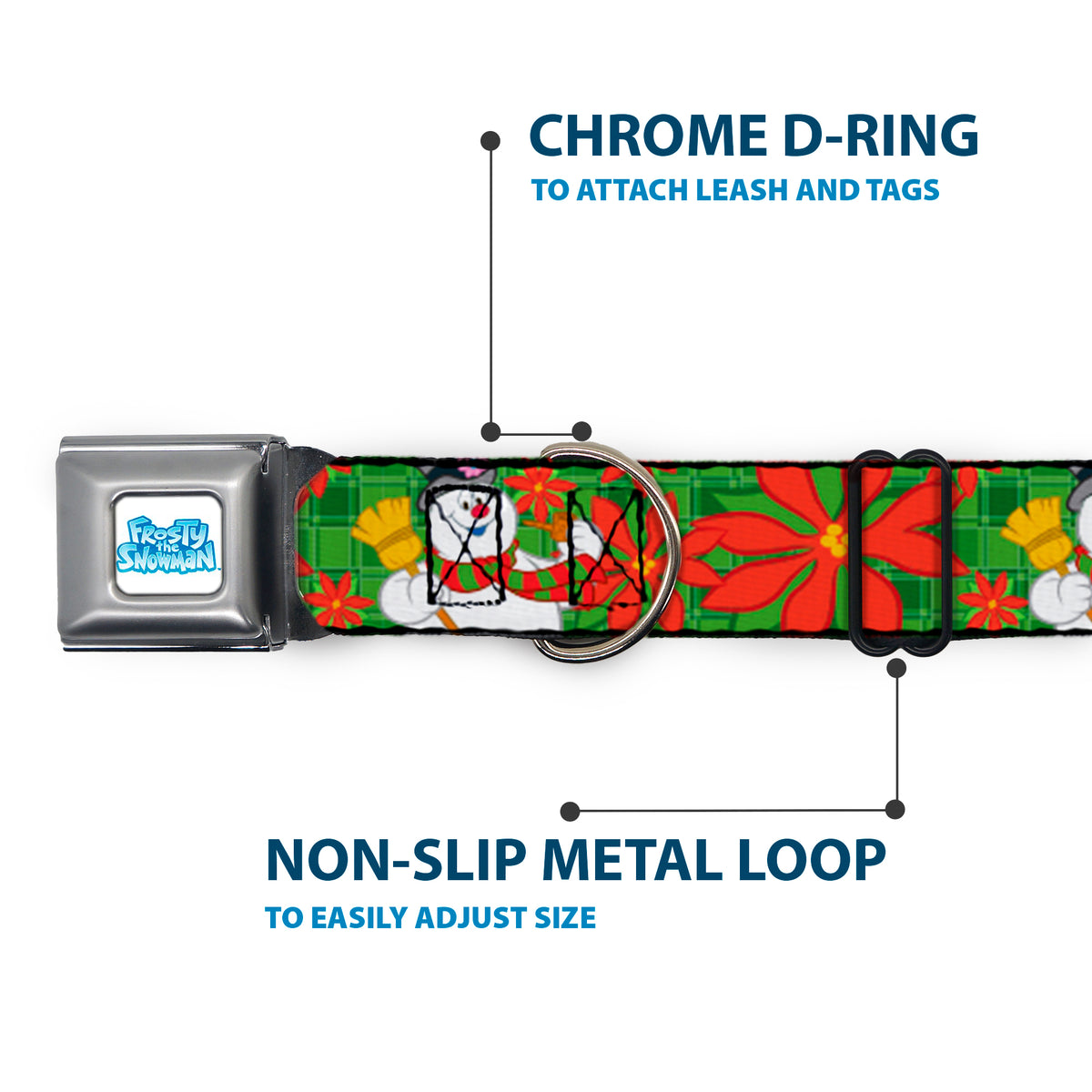 FROSTY THE SNOWMAN Logo Full Color White/Blues Seatbelt Buckle Collar - Frosty the Snowman Pose Poinsetta Plaid Collage Greens/Reds Dog Collars Seatbelt Buckle Frosty the Snowman