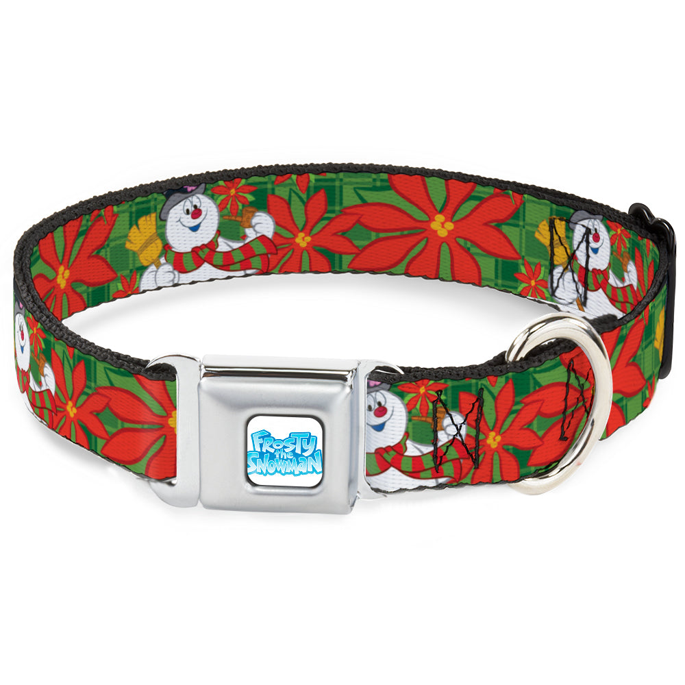 FROSTY THE SNOWMAN Logo Full Color White/Blues Seatbelt Buckle Collar - Frosty the Snowman Pose Poinsetta Plaid Collage Greens/Reds Dog Collars Seatbelt Buckle Frosty the Snowman