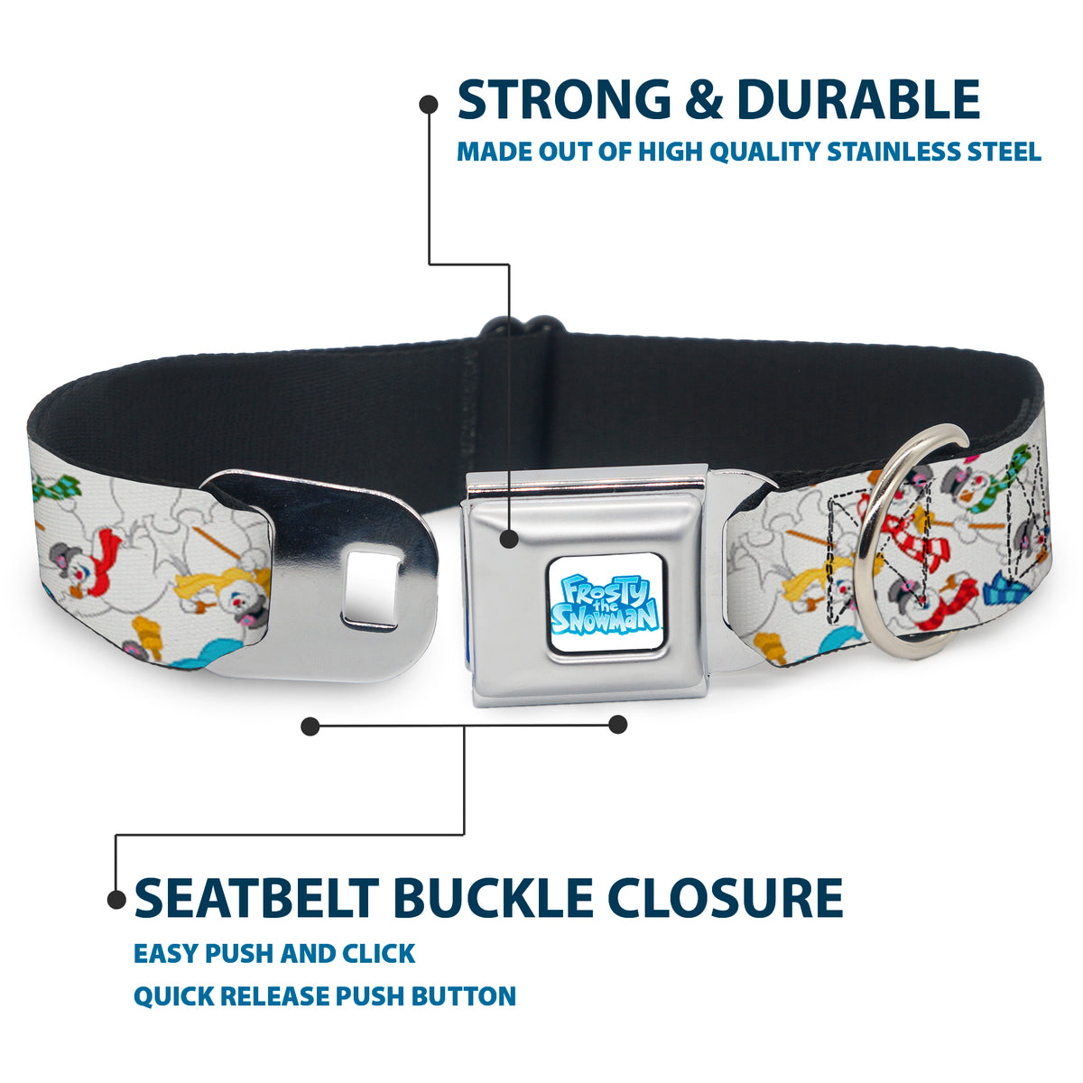 FROSTY THE SNOWMAN Logo Full Color White/Blues Seatbelt Buckle Collar - Frosty the Snowman Pose Scattered White Dog Collars Seatbelt Buckle Frosty the Snowman