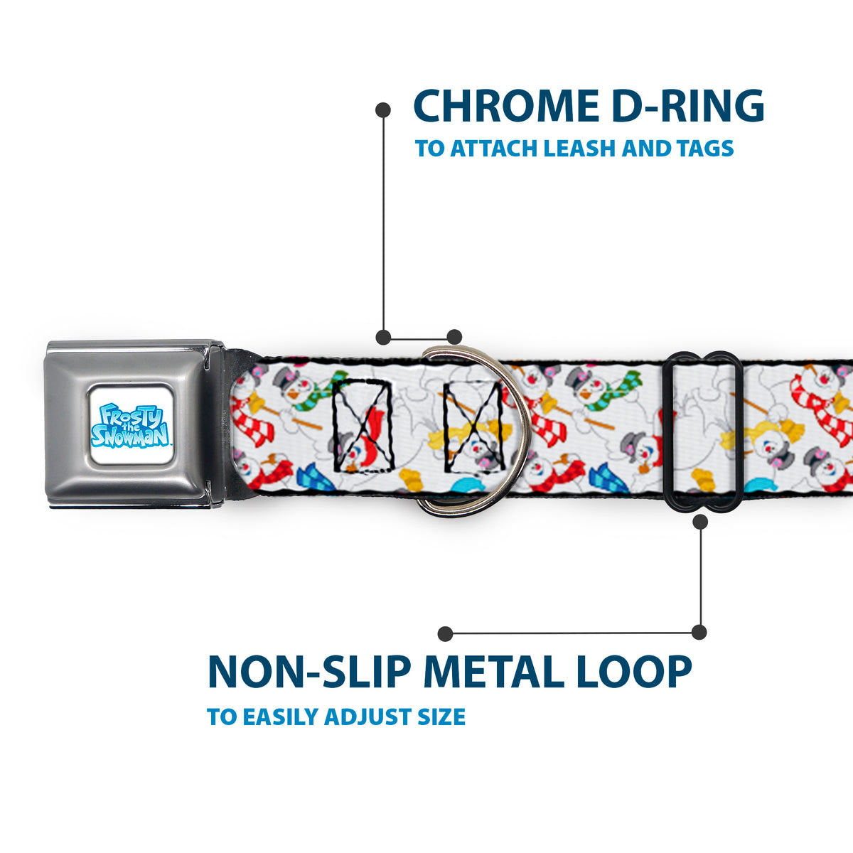 FROSTY THE SNOWMAN Logo Full Color White/Blues Seatbelt Buckle Collar - Frosty the Snowman Pose Scattered White Dog Collars Seatbelt Buckle Frosty the Snowman