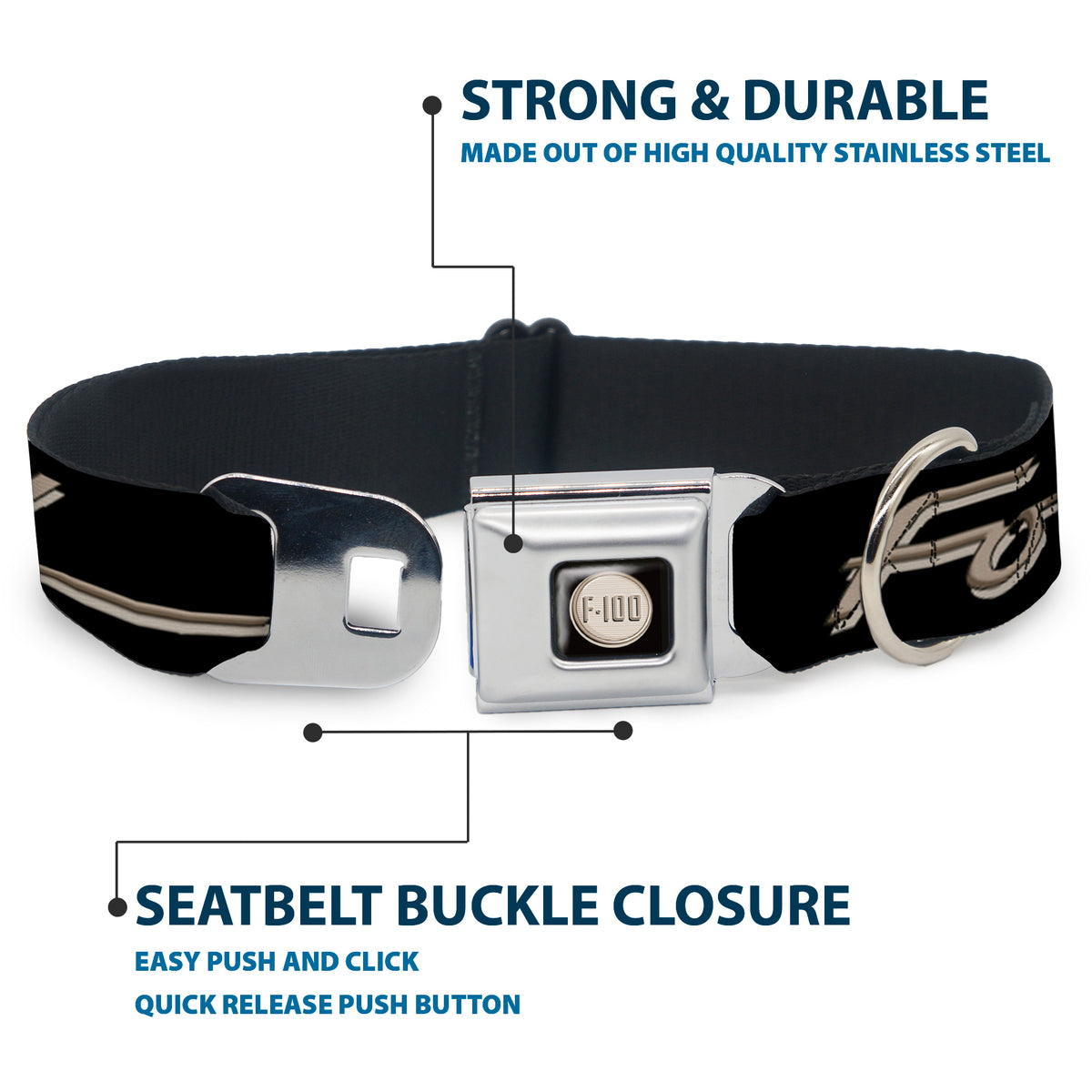 Ford F-100 Logo Full Color Black/Tans Seatbelt Buckle Collar - FORD F-100 Script Black/Tan-Gray Dog Collars Seatbelt Buckle Ford