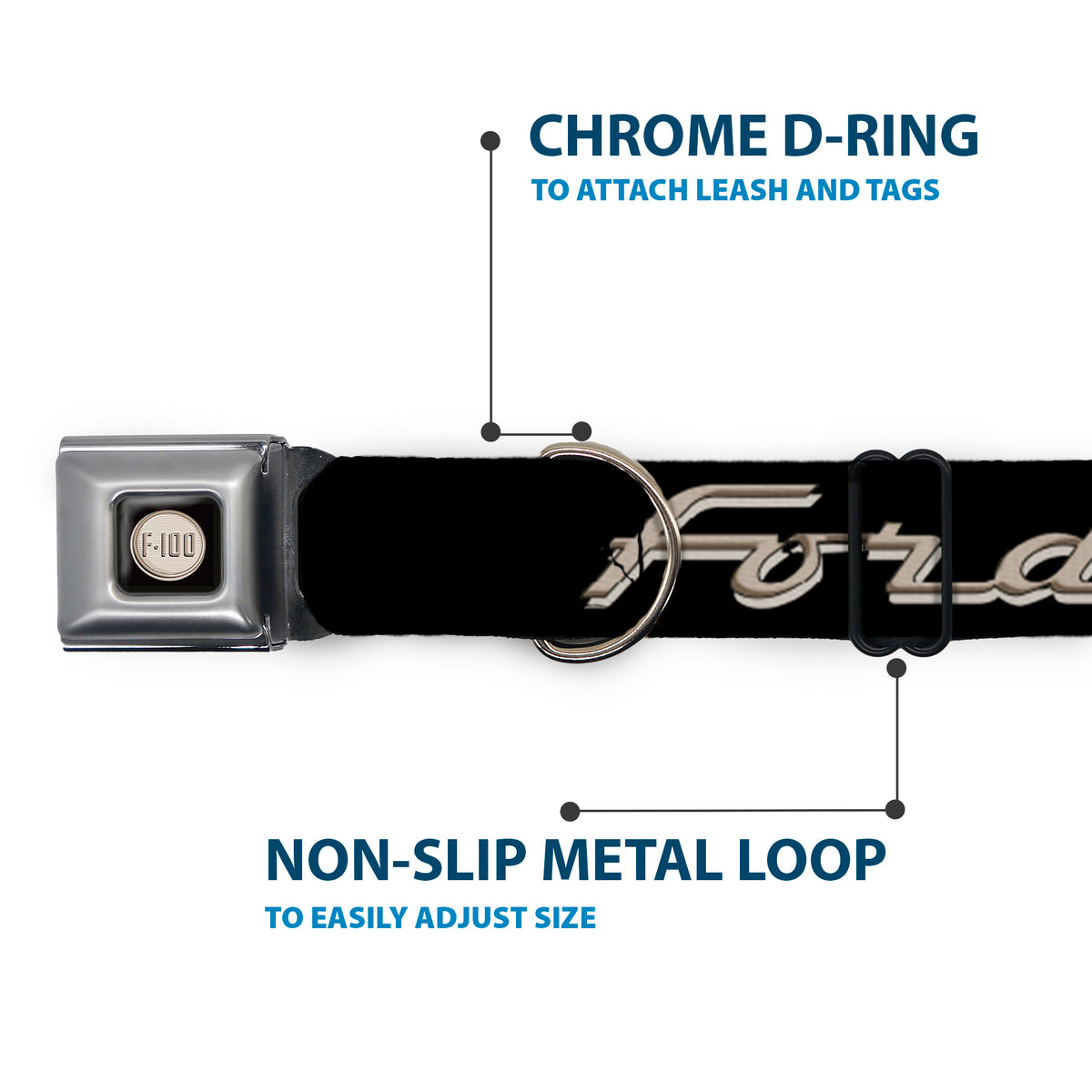 Ford F-100 Logo Full Color Black/Tans Seatbelt Buckle Collar - FORD F-100 Script Black/Tan-Gray Dog Collars Seatbelt Buckle Ford