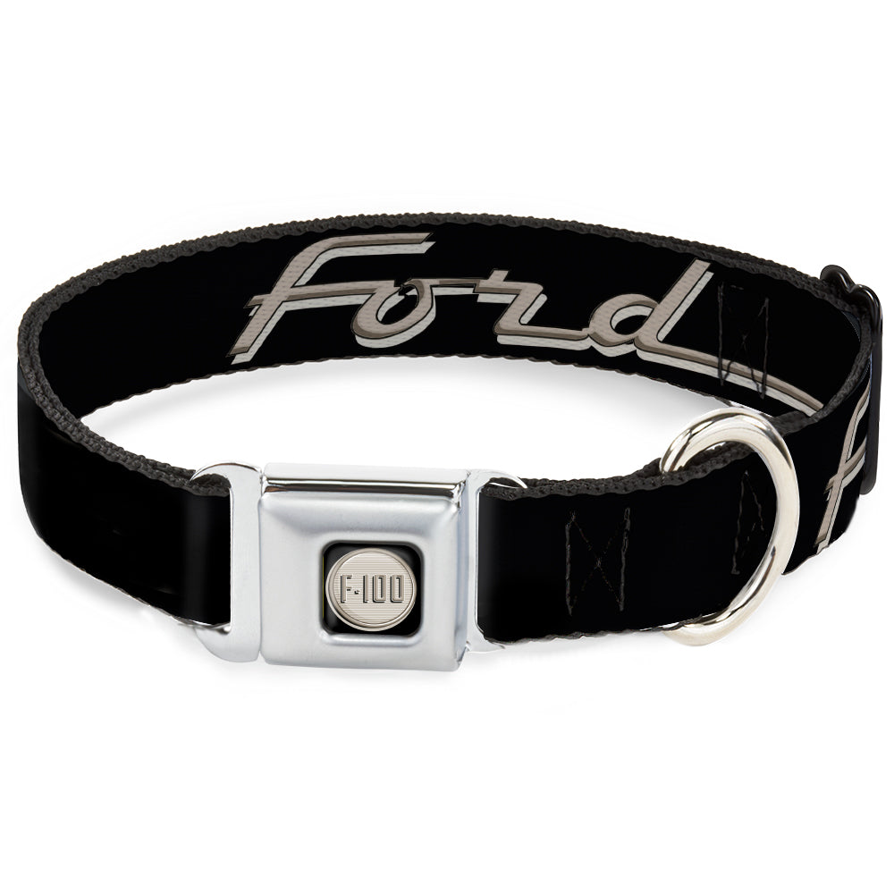 Ford F-100 Logo Full Color Black/Tans Seatbelt Buckle Collar - FORD F-100 Script Black/Tan-Gray Dog Collars Seatbelt Buckle Ford