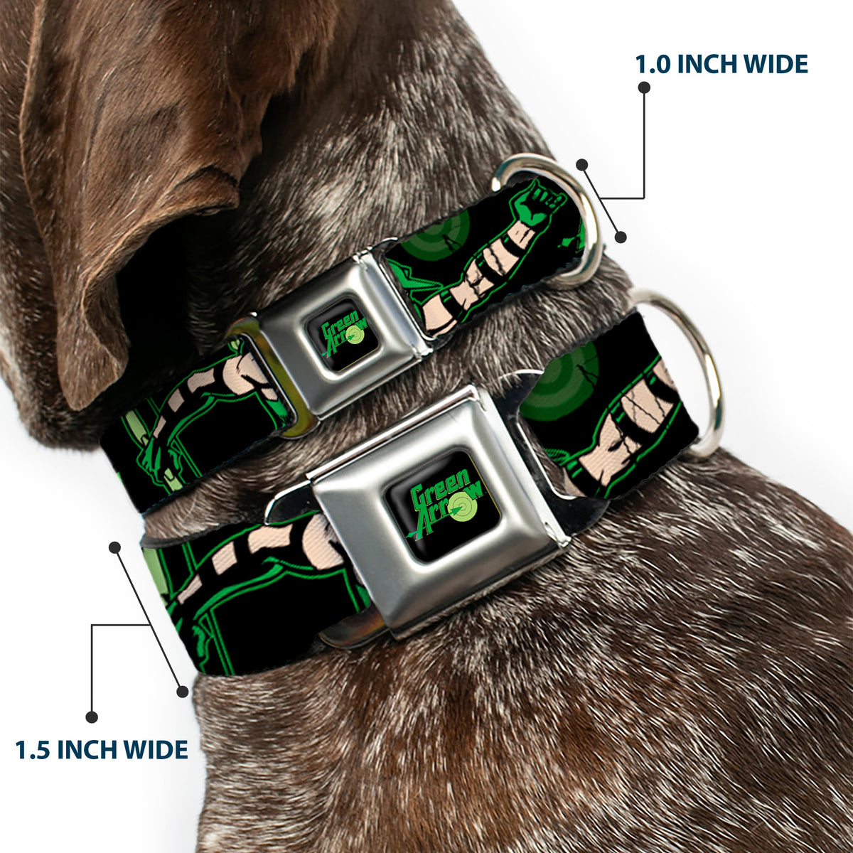 GREEN ARROW Logo Full Color Black Green Seatbelt Buckle Collar - GREEN ARROW Action Poses/Targets Black/Greens Dog Collars Seatbelt Buckle DC Comics