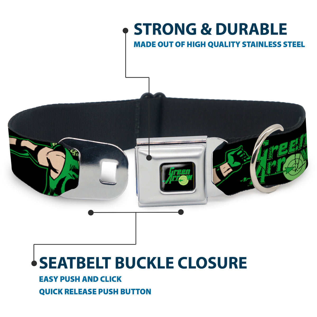 GREEN ARROW Logo Full Color Black Green Seatbelt Buckle Collar - GREEN ARROW Action Poses/Targets Black/Greens Dog Collars Seatbelt Buckle DC Comics