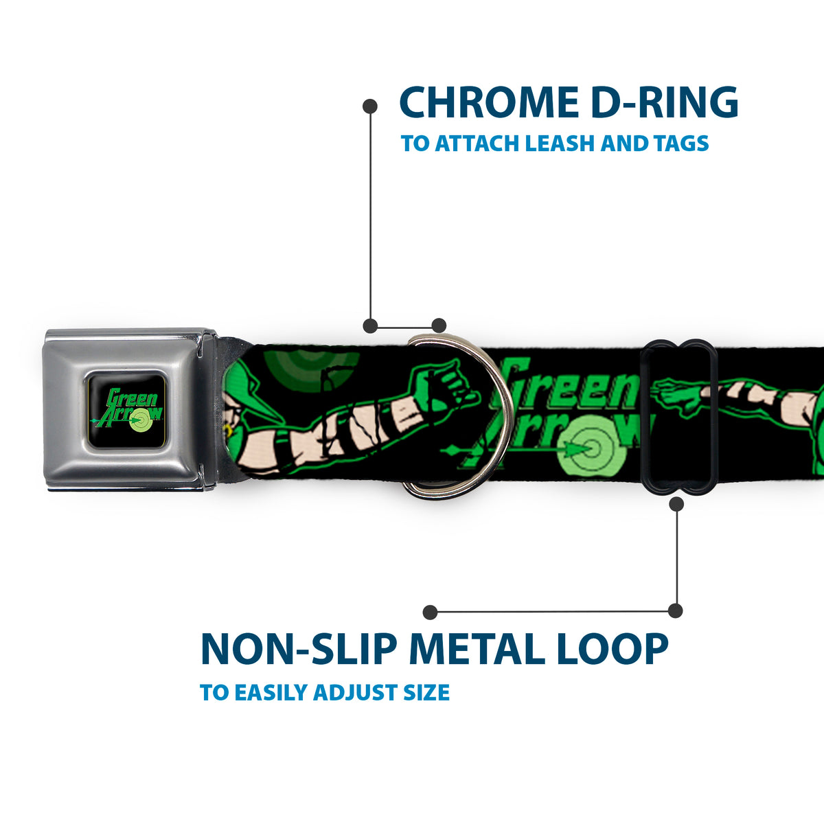 GREEN ARROW Logo Full Color Black Green Seatbelt Buckle Collar - GREEN ARROW Action Poses/Targets Black/Greens Dog Collars Seatbelt Buckle DC Comics
