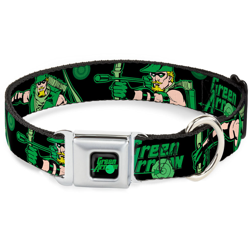 GREEN ARROW Logo Full Color Black Green Seatbelt Buckle Collar - GREEN ARROW Action Poses/Targets Black/Greens Dog Collars Seatbelt Buckle DC Comics