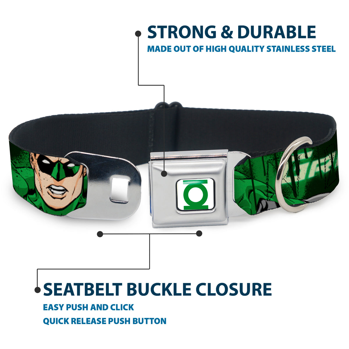Green Lantern Logo CLOSE-UP White Green Seatbelt Buckle Collar - Green Lantern Green Glow w/Text Dog Collars Seatbelt Buckle DC Comics