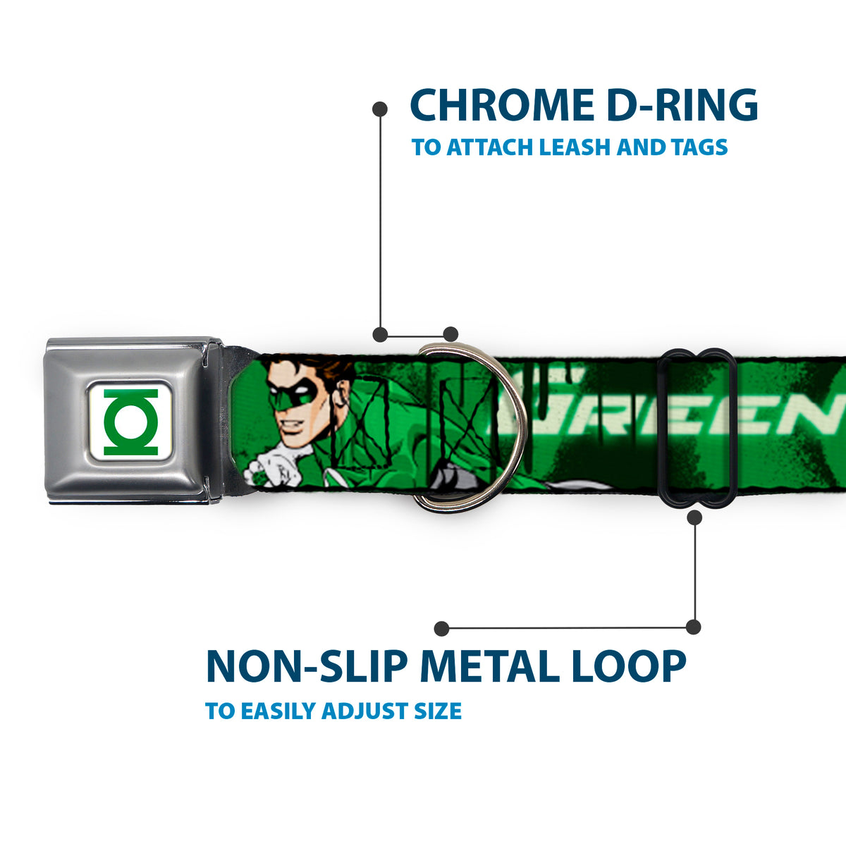 Green Lantern Logo CLOSE-UP White Green Seatbelt Buckle Collar - Green Lantern Green Glow w/Text Dog Collars Seatbelt Buckle DC Comics