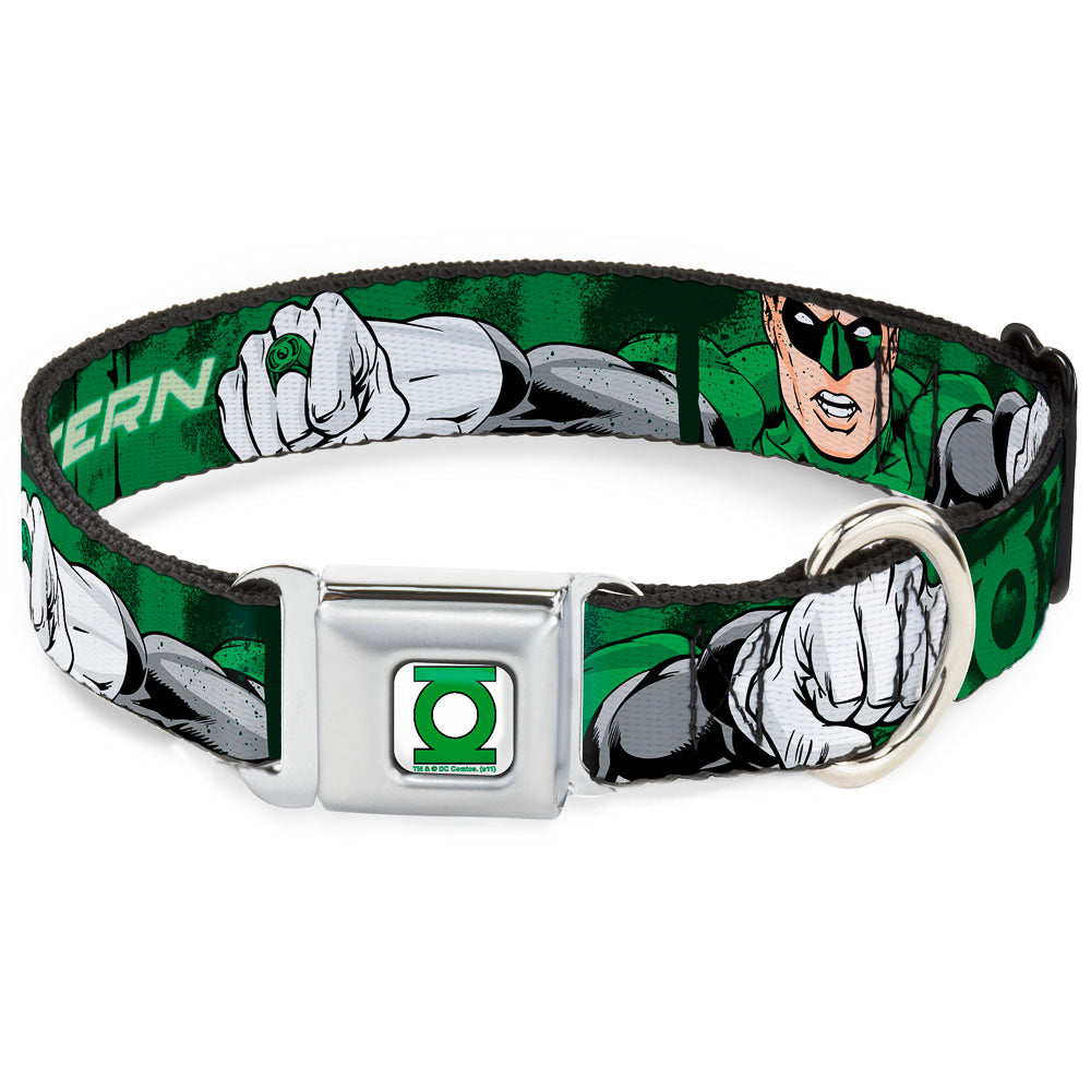 Green Lantern Logo CLOSE-UP White Green Seatbelt Buckle Collar - Green Lantern Green Glow w/Text Dog Collars Seatbelt Buckle DC Comics