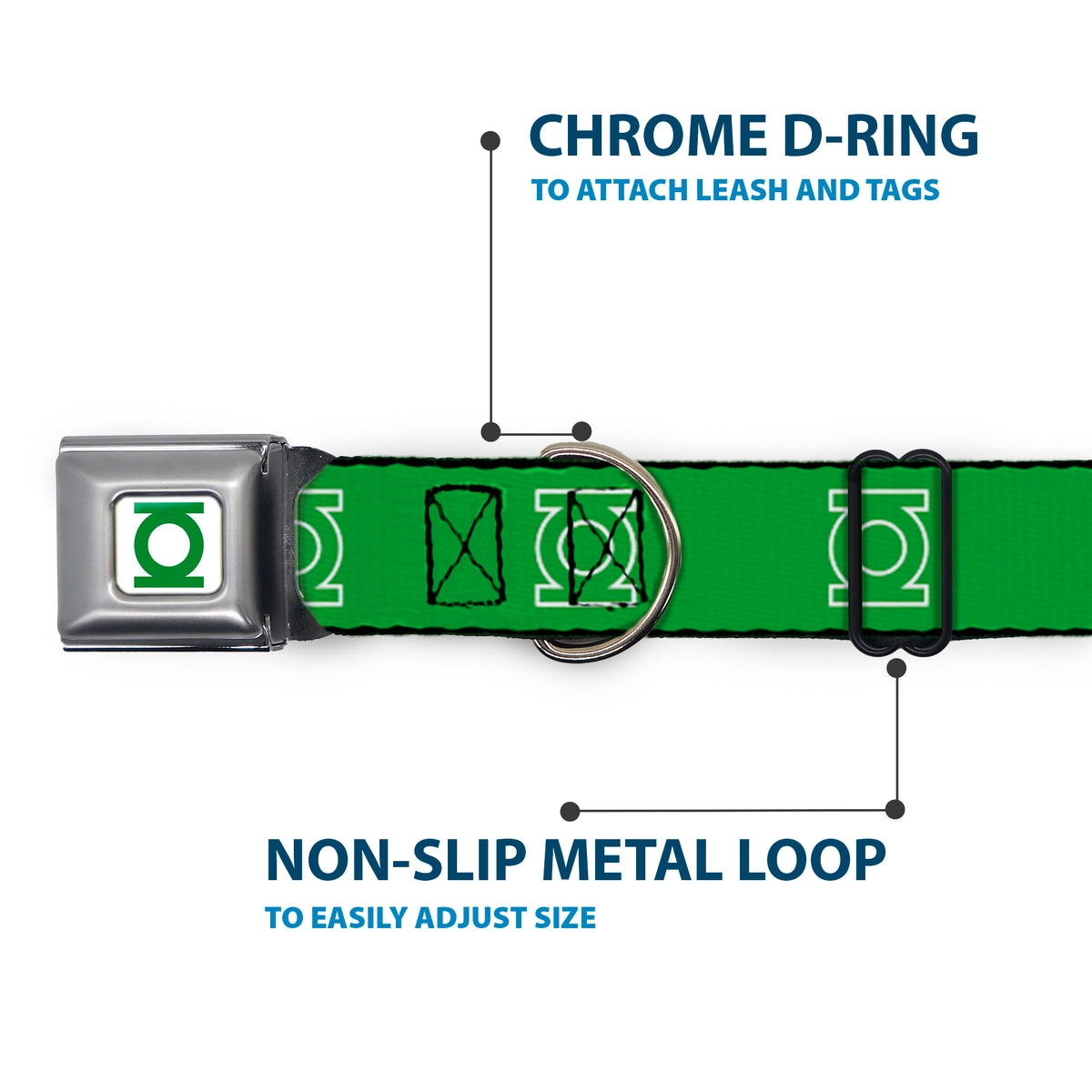 Green Lantern Logo CLOSE-UP White Green Seatbelt Buckle Collar - Green Lantern Logo Green/White Dog Collars Seatbelt Buckle DC Comics