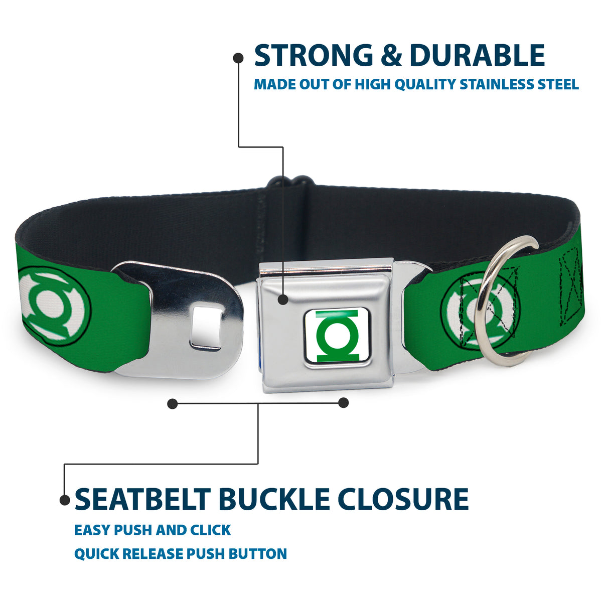 Green Lantern Logo CLOSE-UP Full Color White/Green Seatbelt Buckle Collar - Green Lantern Logo2 Green/Black/Green/White Dog Collars Seatbelt Buckle DC Comics
