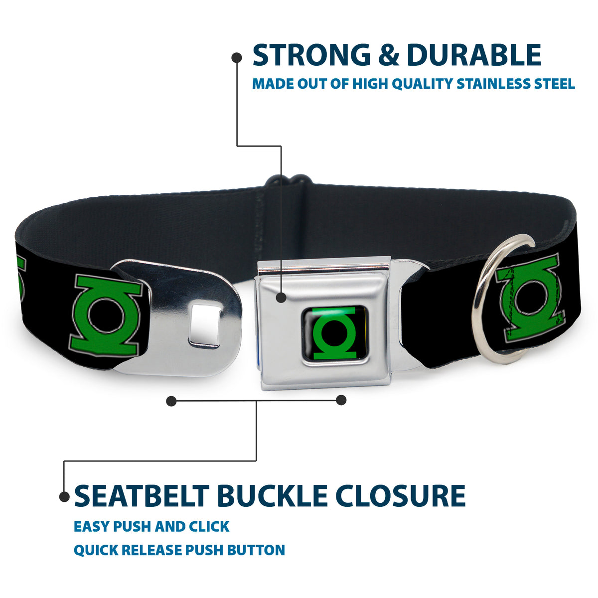 Green Lantern Logo CLOSE-UP Black Green Seatbelt Buckle Collar - Green Lantern Logo Black/Green Dog Collars Seatbelt Buckle DC Comics