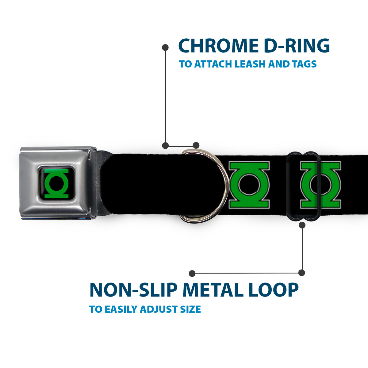 Green Lantern Logo CLOSE-UP Black Green Seatbelt Buckle Collar - Green Lantern Logo Black/Green Dog Collars Seatbelt Buckle DC Comics