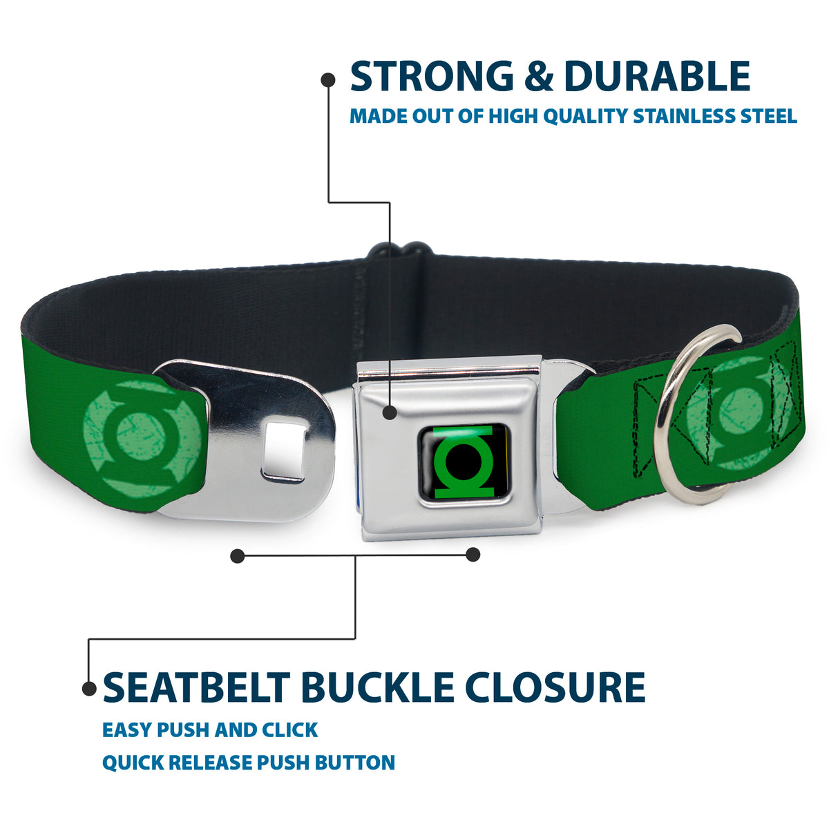 Green Lantern Logo CLOSE-UP Black/Green Seatbelt Buckle Collar - Green Lantern Logo Weathered Greens Dog Collars Seatbelt Buckle DC Comics