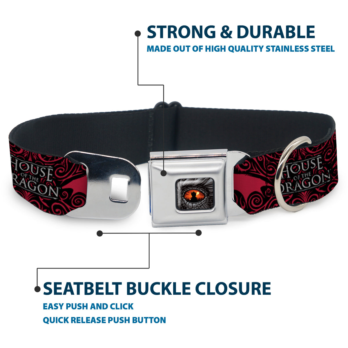 House of the Dragon Eye Throne Icon Full Color Black/Gray/Orange Seatbelt Buckle Collar - HOUSE OF THE DRAGON Dragon Icon Black/Red/White Dog Collars Seatbelt Buckle House of the Dragon