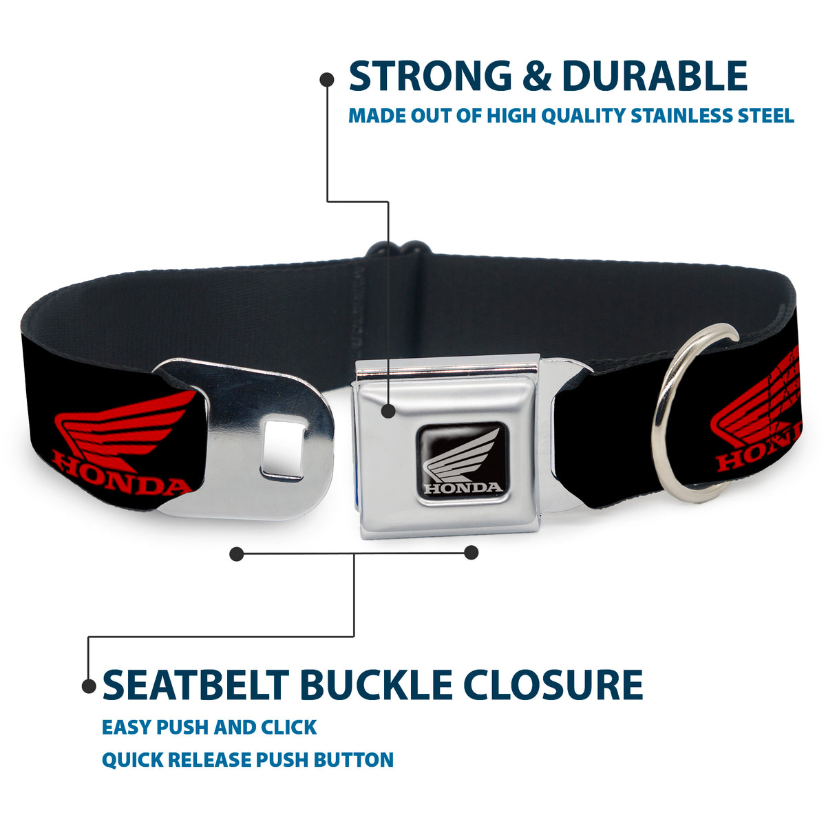 Honda Motorcycle Black Silver Seatbelt Buckle Collar - HONDA Motorcycle Logo Black/Red Dog Collars Seatbelt Buckle Honda Motorsports