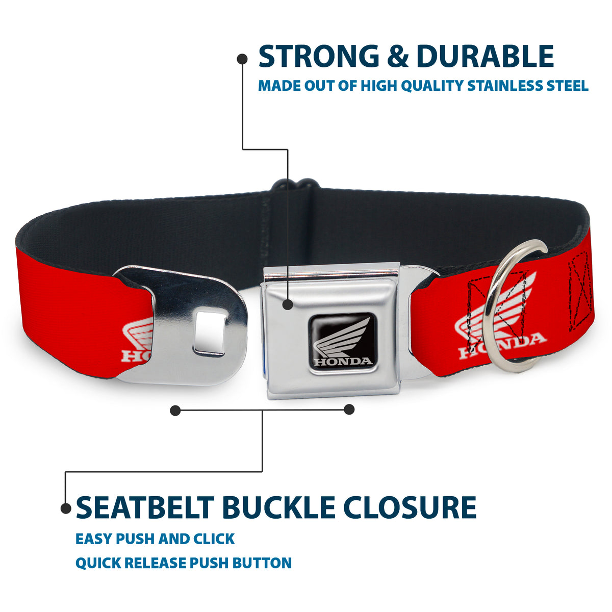 Honda Motorcycle Black/Silver Seatbelt Buckle Collar - HONDA Motorcycle Logo Red/White Dog Collars Seatbelt Buckle Honda Motorsports