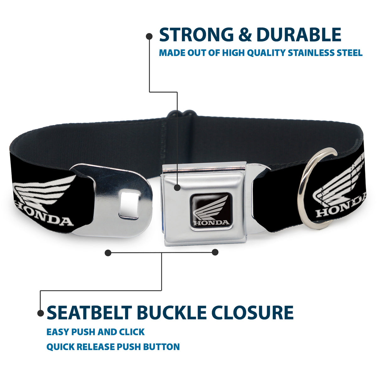 Honda Motorcycle Black Silver Seatbelt Buckle Collar - HONDA Motorcycle Logo Black/White Dog Collars Seatbelt Buckle Honda Motorsports