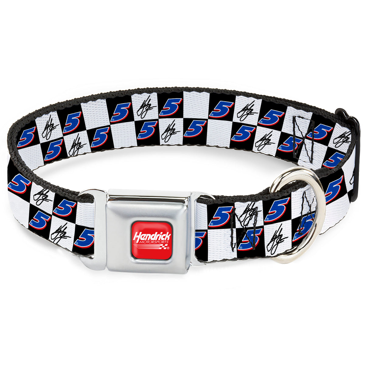 HENDRICK MOTORSPORTS Checker Logo Full Color Red/White Seatbelt Buckle Collar - Kyle Larson Autograph and #5 Checker Logo Black/White/Blue/Red Dog Collars Seatbelt Buckle Hendrick Motorsports