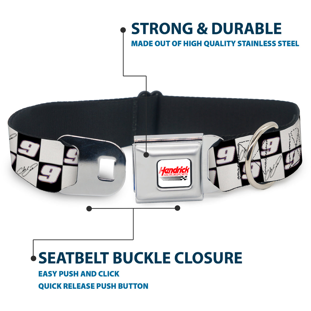 HENDRICK MOTORSPORTS Checker Logo Full Color Red/White Seatbelt Buckle Collar - Chase Elliott Autograph and #9 Checker Logo Black/White/Blue Dog Collars Seatbelt Buckle Hendrick Motorsports