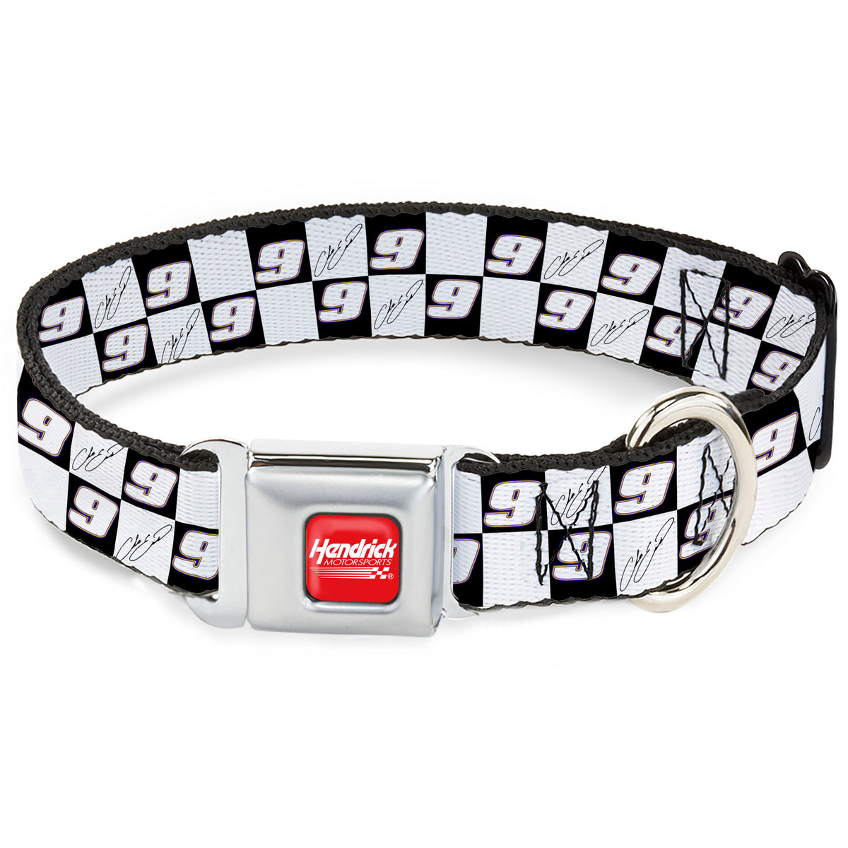 HENDRICK MOTORSPORTS Checker Logo Full Color Red/White Seatbelt Buckle Collar - Chase Elliott Autograph and #9 Checker Logo Black/White/Blue Dog Collars Seatbelt Buckle Hendrick Motorsports