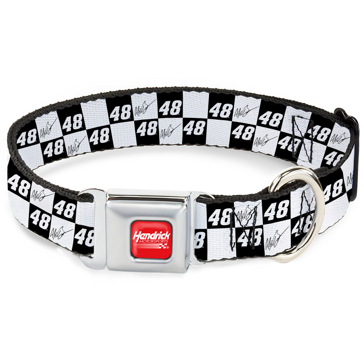 HENDRICK MOTORSPORTS Checker Logo Full Color Red/White Seatbelt Buckle Collar - Alex Bowman Autograph and #48 Checker Logo Black/White Dog Collars Seatbelt Buckle Hendrick Motorsports