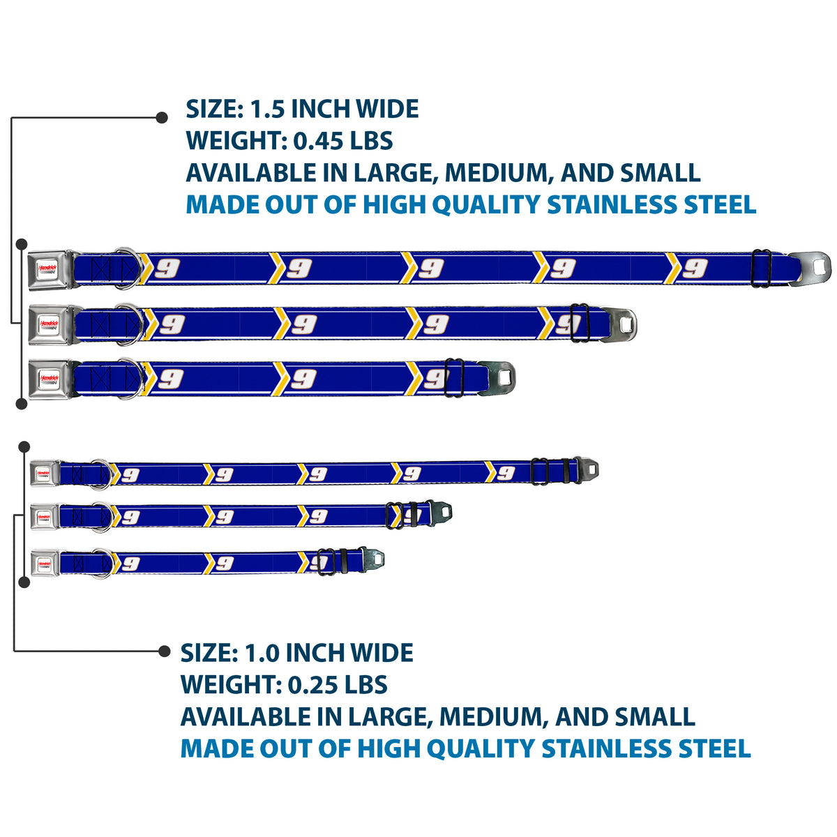 HENDRICK MOTORSPORTS Checker Logo Full Color Red/White Seatbelt Buckle Collar - Chase Elliott #9 Car Scheme Blue/Yellow/White Dog Collars Seatbelt Buckle Hendrick Motorsports