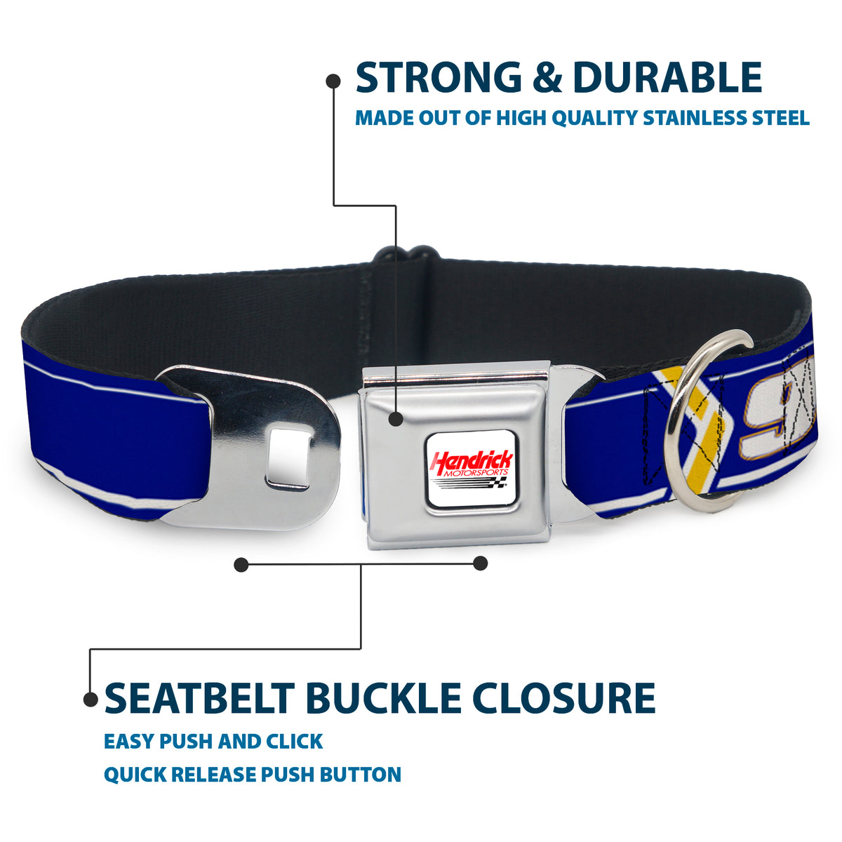 HENDRICK MOTORSPORTS Checker Logo Full Color Red/White Seatbelt Buckle Collar - Chase Elliott #9 Car Scheme Blue/Yellow/White Dog Collars Seatbelt Buckle Hendrick Motorsports