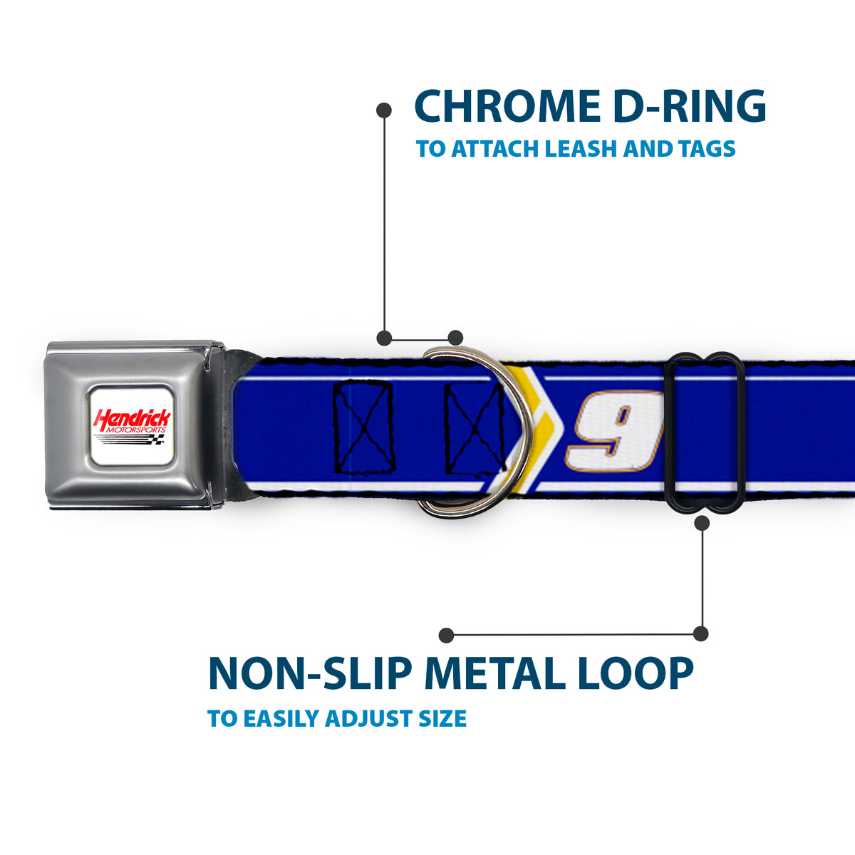 HENDRICK MOTORSPORTS Checker Logo Full Color Red/White Seatbelt Buckle Collar - Chase Elliott #9 Car Scheme Blue/Yellow/White Dog Collars Seatbelt Buckle Hendrick Motorsports