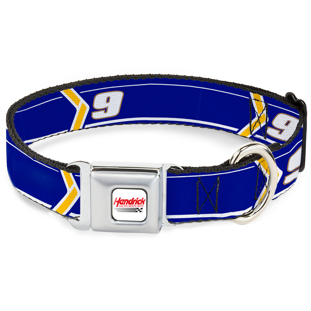 HENDRICK MOTORSPORTS Checker Logo Full Color Red/White Seatbelt Buckle Collar - Chase Elliott #9 Car Scheme Blue/Yellow/White Dog Collars Seatbelt Buckle Hendrick Motorsports