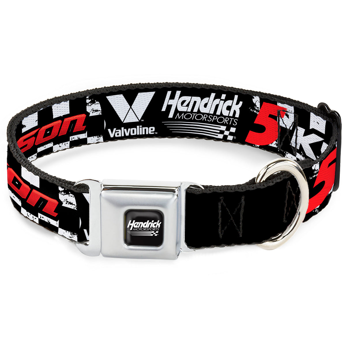HENDRICK MOTORSPORTS Checker Logo Full Color Black/White Seatbelt Buckle Collar - KYLE LARSON #5 VALVOLINE Hendrick Motorsports Logo Black/White/Red Dog Collars Seatbelt Buckle Hendrick Motorsports