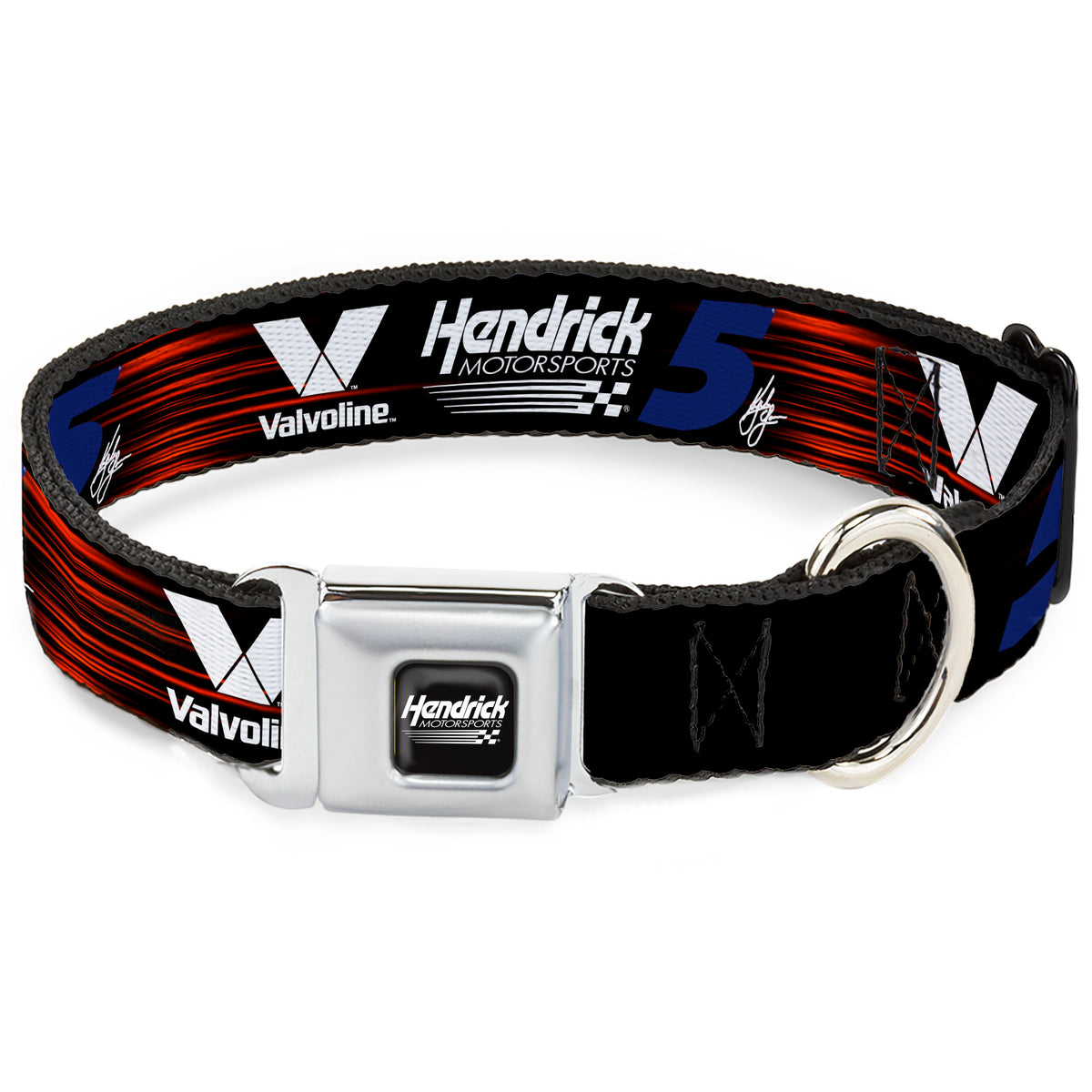 HENDRICK MOTORSPORTS Checker Logo Full Color Black/White Seatbelt Buckle Collar - Kyle Larson #5 Autograph VALVOLINE Hendrick Motorsports Logo Black/Red/White/Blue Dog Collars Seatbelt Buckle Hendrick Motorsports