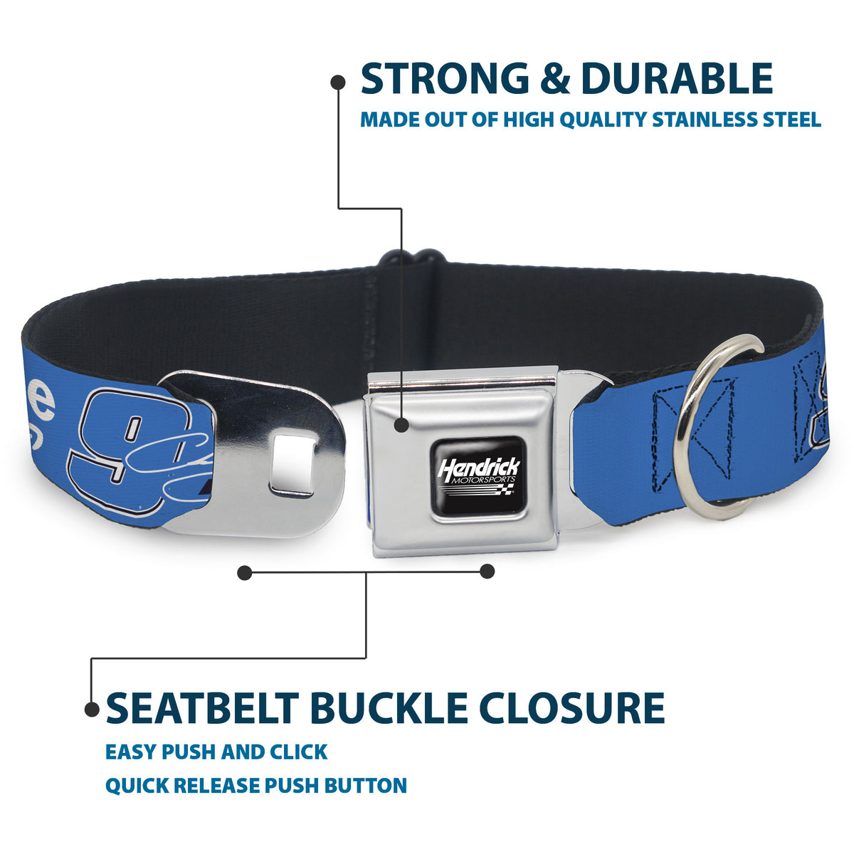 HENDRICK MOTORSPORTS Checker Logo Full Color Black/White Seatbelt Buckle Collar - Chase Elliott #9 Autograph PRIME Logo Blue/Black/White Dog Collars Seatbelt Buckle Hendrick Motorsports