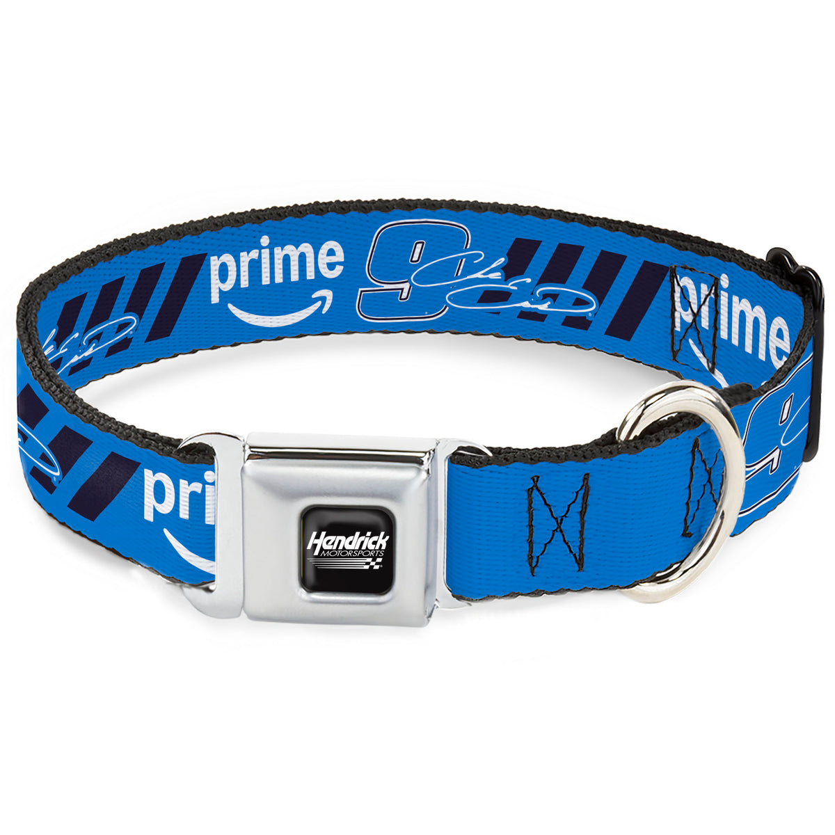 HENDRICK MOTORSPORTS Checker Logo Full Color Black/White Seatbelt Buckle Collar - Chase Elliott #9 Autograph PRIME Logo Blue/Black/White Dog Collars Seatbelt Buckle Hendrick Motorsports