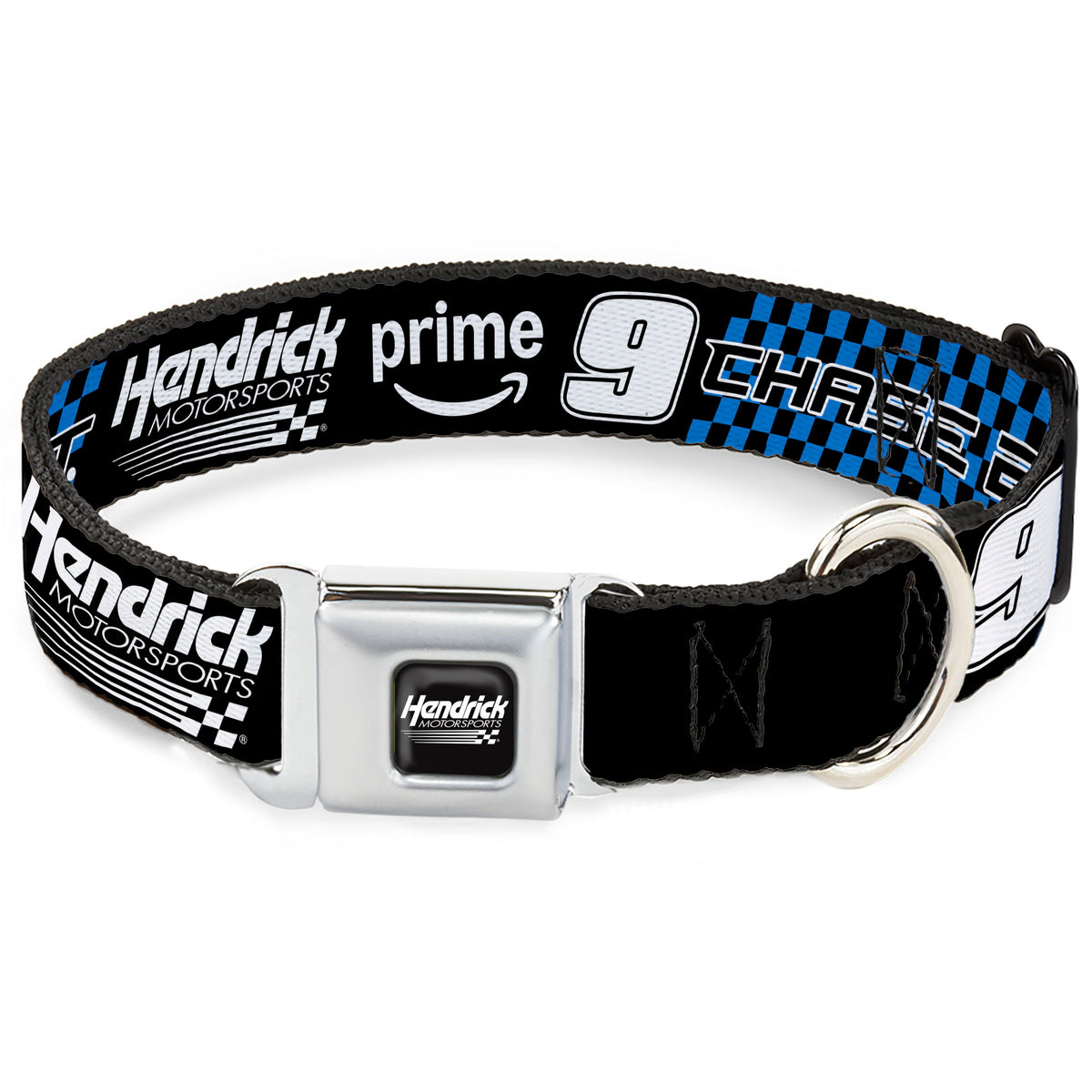 HENDRICK MOTORSPORTS Checker Logo Full Color Black/White Seatbelt Buckle Collar - CHASE ELLIOTT #9 PRIME Hendrick Motorsports Logo Black/White/Blue Dog Collars Seatbelt Buckle Hendrick Motorsports
