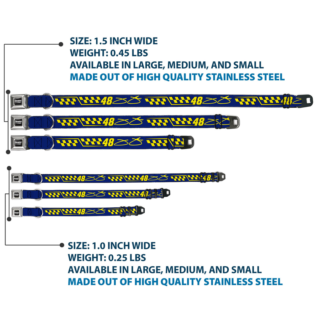 HENDRICK MOTORSPORTS Checker Logo Full Color Black/White Seatbelt Buckle Collar - Jimmie Johnson #48 Autograph Checker Blue/Yellow Dog Collars Seatbelt Buckle Hendrick Motorsports