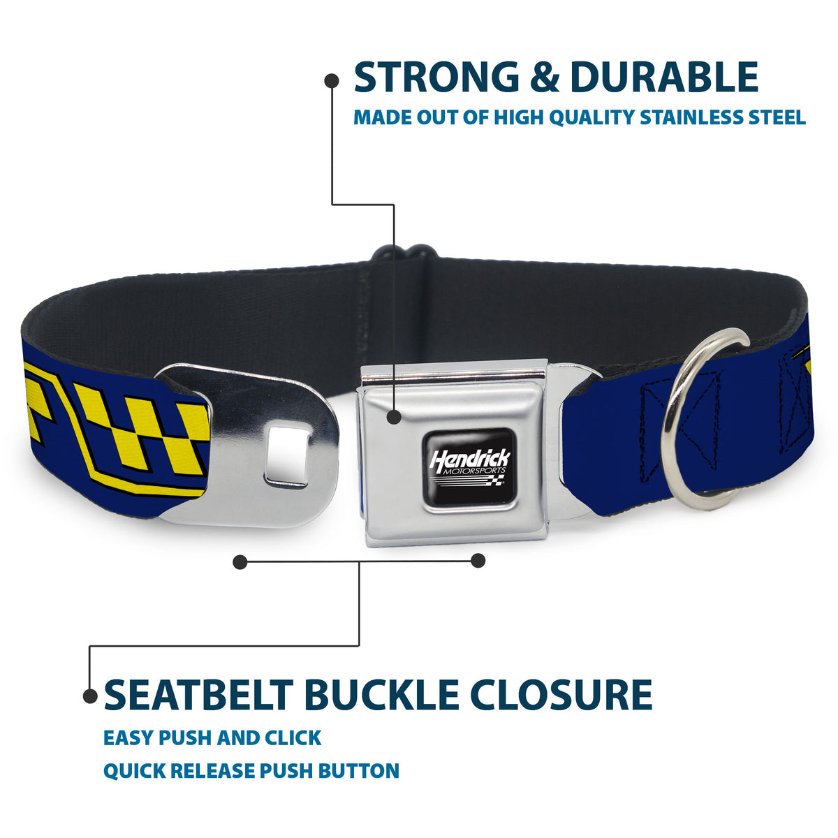 HENDRICK MOTORSPORTS Checker Logo Full Color Black/White Seatbelt Buckle Collar - Jimmie Johnson #48 Autograph Checker Blue/Yellow Dog Collars Seatbelt Buckle Hendrick Motorsports