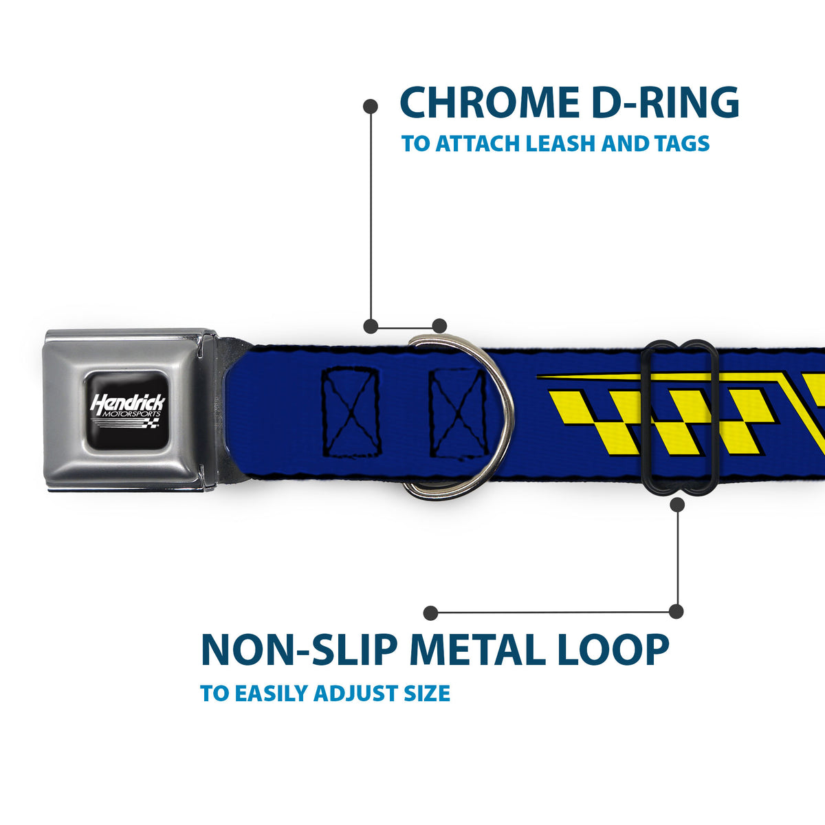 HENDRICK MOTORSPORTS Checker Logo Full Color Black/White Seatbelt Buckle Collar - Jimmie Johnson #48 Autograph Checker Blue/Yellow Dog Collars Seatbelt Buckle Hendrick Motorsports