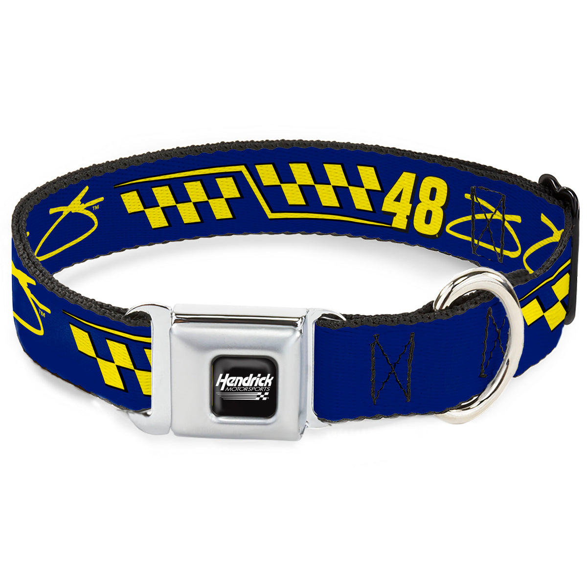 HENDRICK MOTORSPORTS Checker Logo Full Color Black/White Seatbelt Buckle Collar - Jimmie Johnson #48 Autograph Checker Blue/Yellow Dog Collars Seatbelt Buckle Hendrick Motorsports